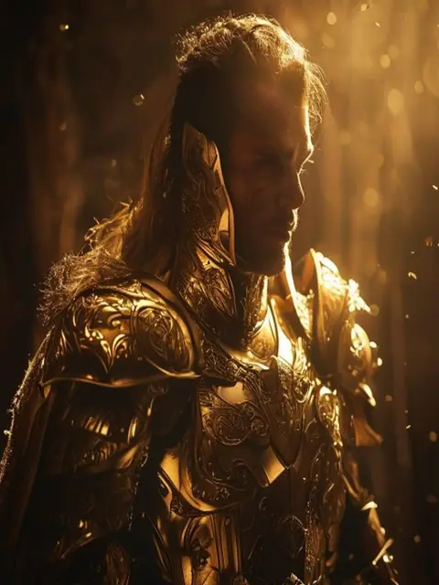 Reimagine me as a golden-armored fantasy warrior