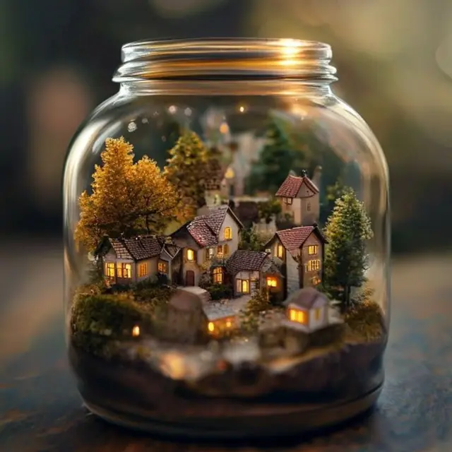 Tiny tilt-shift village inside a glass jar