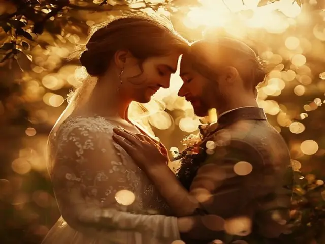 Garden wedding portrait in soft golden hour